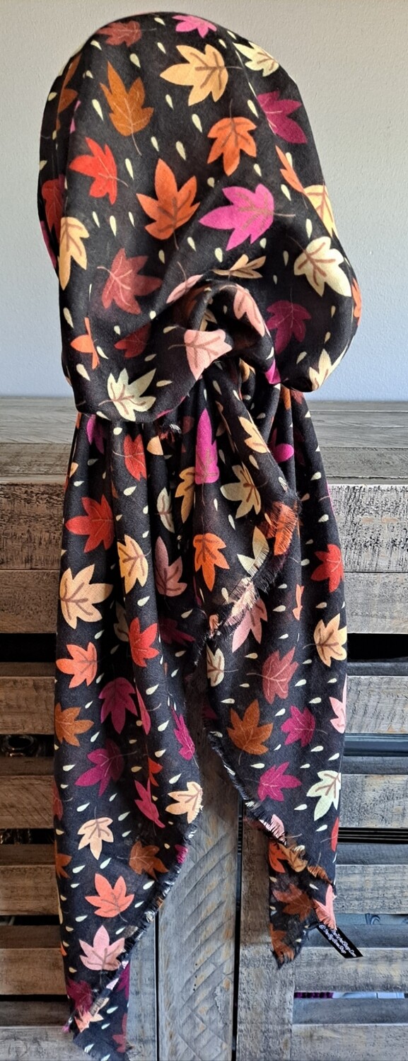 Black - seasonal leaves  - soft fringes pretied tichel