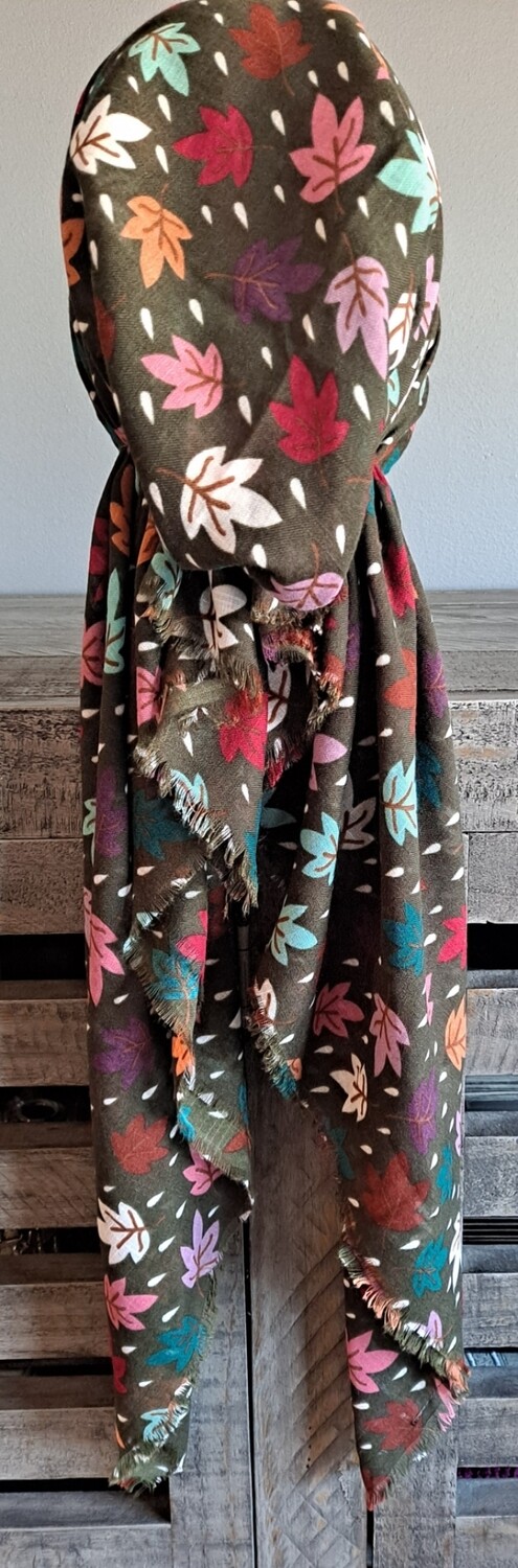 Olive - seasonal leaves  - soft fringes pretied tichel