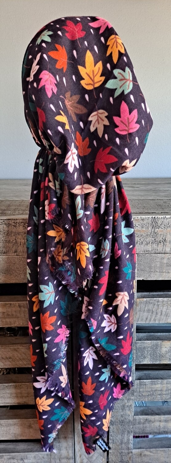 Eggplant - seasonal leaves  - soft fringes pretied tichel