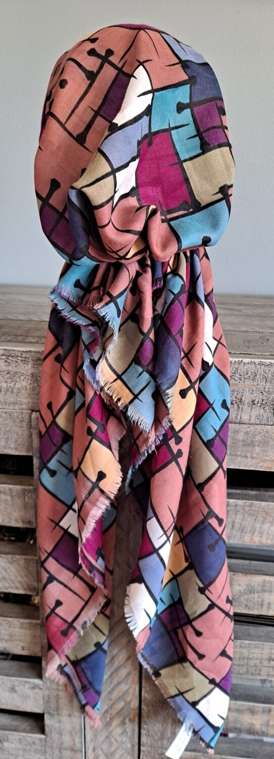 Deep mauve squares Turkish soft fringed pretied tichel