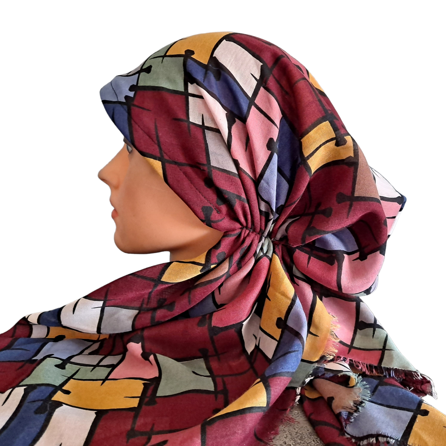 Burgundy squares Turkish soft fringed pretied tichel