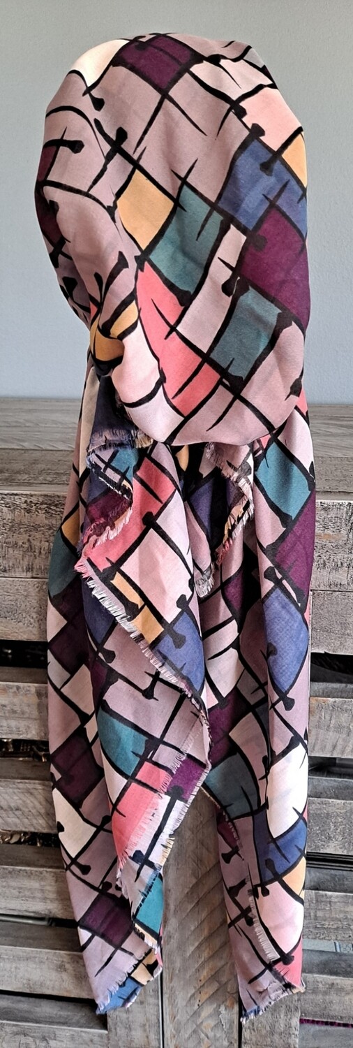 Tan/mauve squares Turkish soft fringed pretied tichel