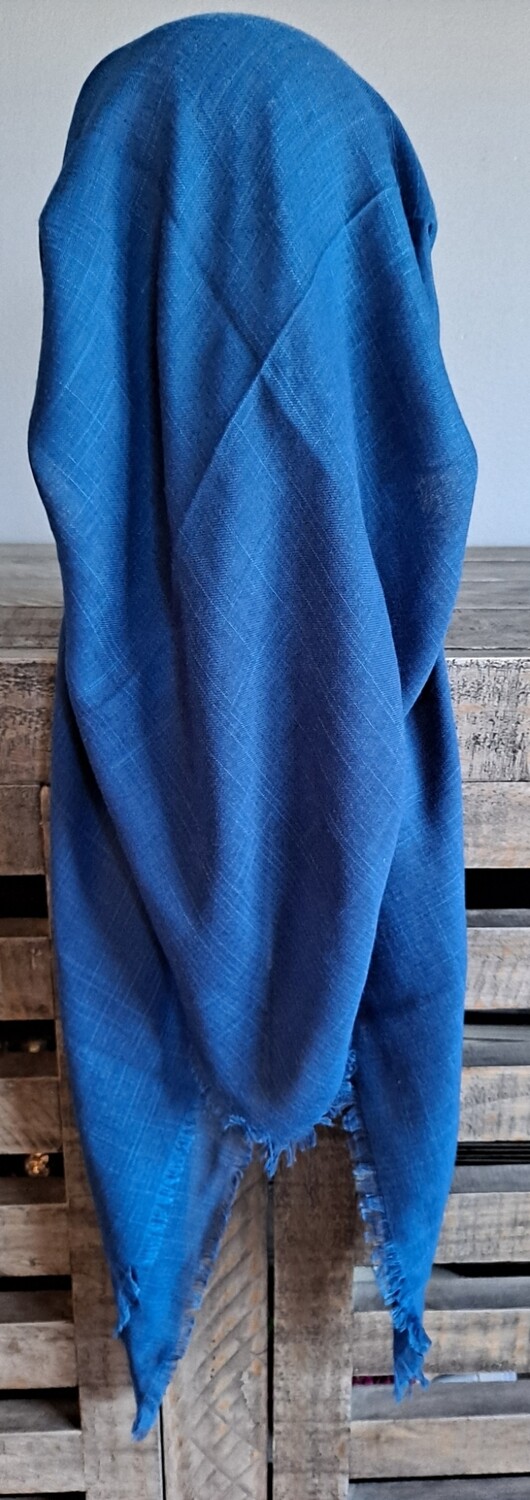 Dark denim color long back pre-tied kerchief w/band sewn in  - Soft fringe edges material