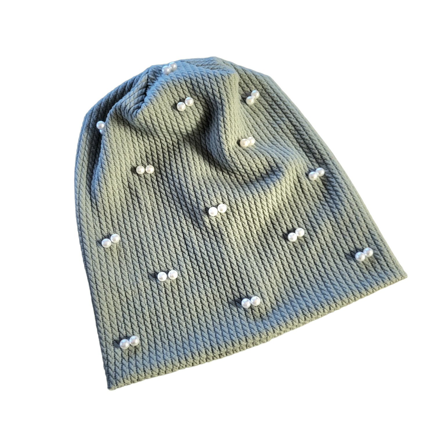 Sage pearled fine cable ribbed beanie