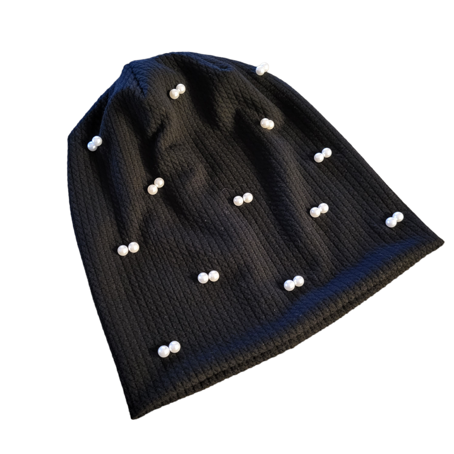 Black pearled fine cable ribbed beanie
