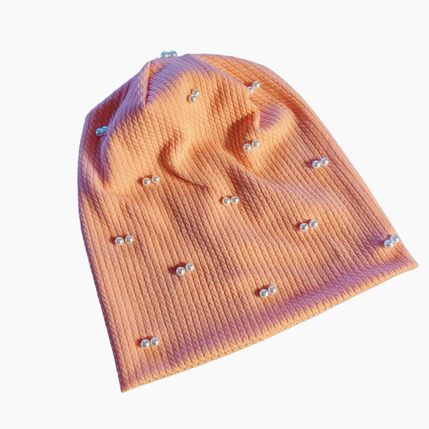Light pink pearled fine cable ribbed beanie