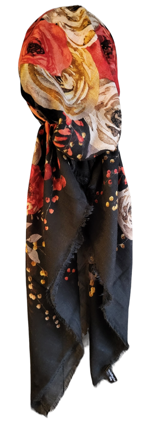 Black/red big floral  - soft fringes pretied tichel