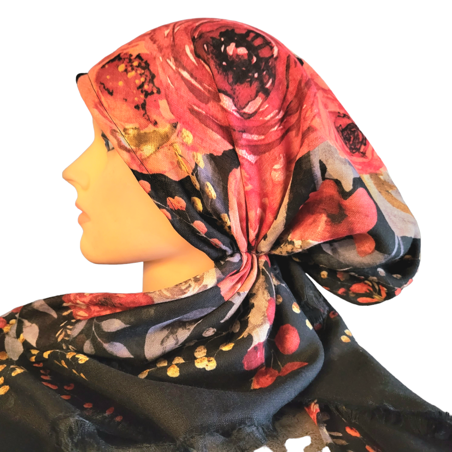 Black/red big floral  - soft fringes pretied tichel