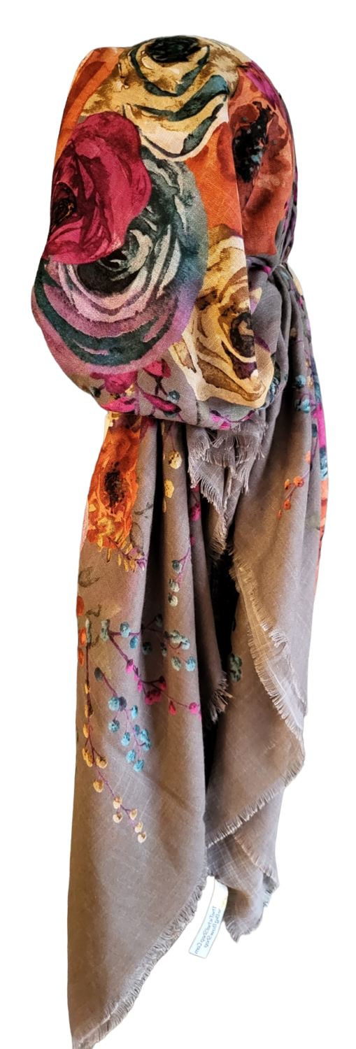 Taupe big floral  - soft fringes pretied tichel