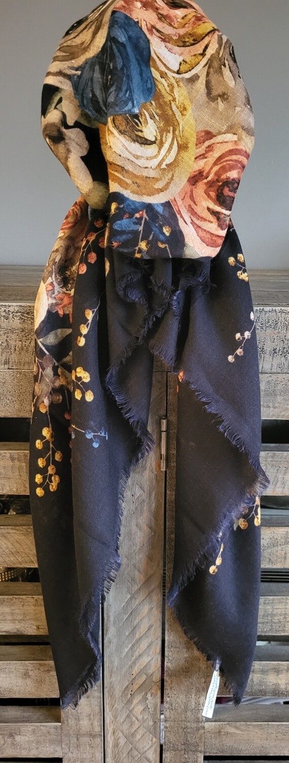 Navy big floral  - soft fringes pretied tichel