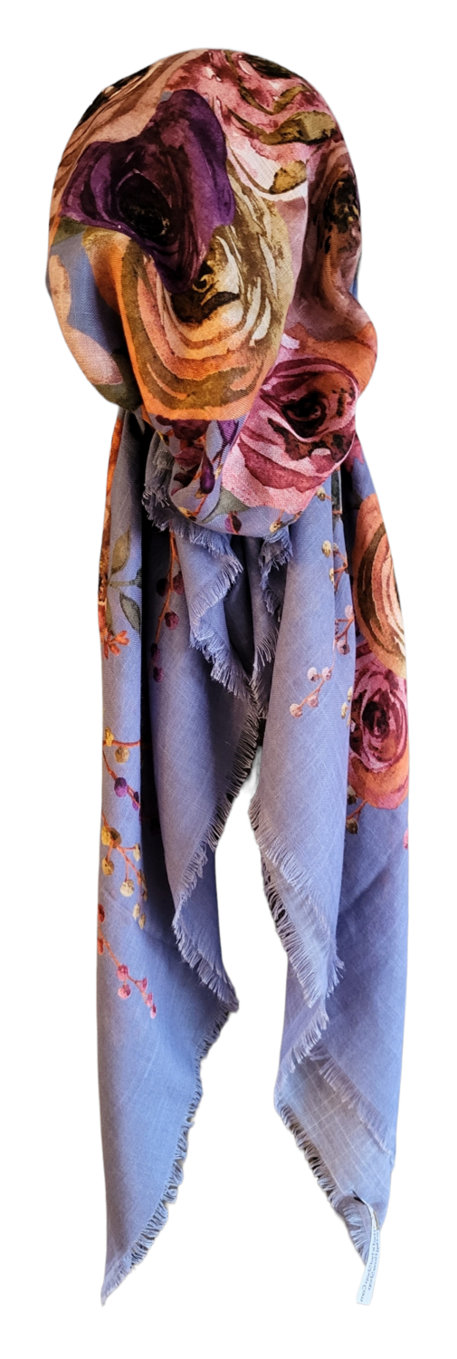 Denim color big floral  - soft fringes pretied tichel
