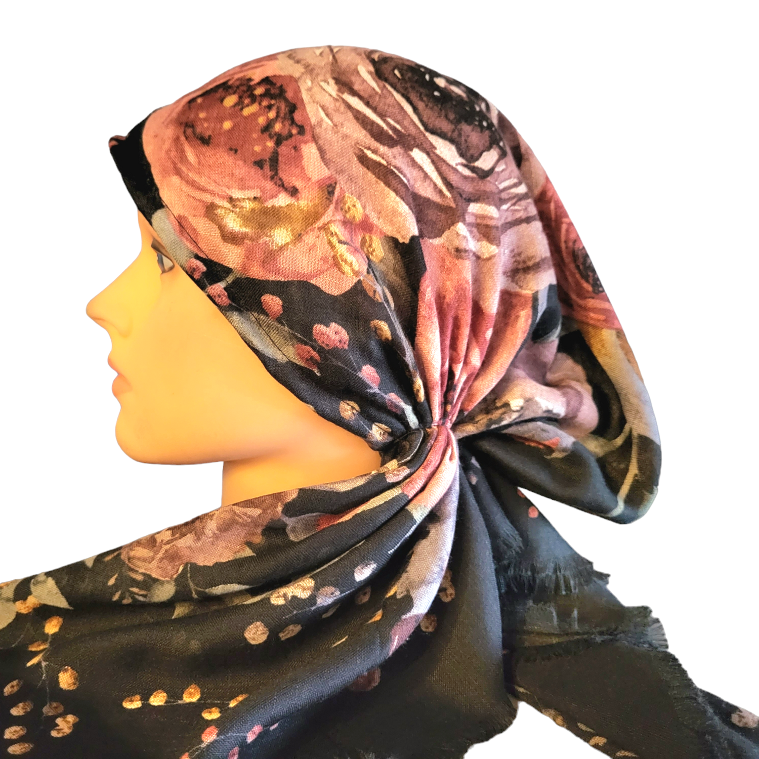 Black/tan big floral  - soft fringes pretied tichel