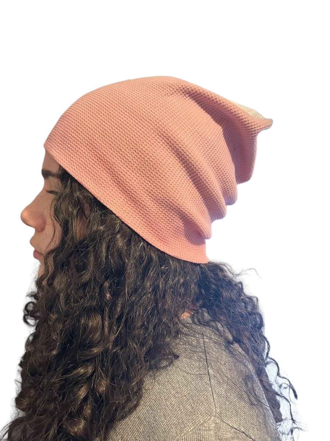 Light pink pearled fine cable ribbed beanie