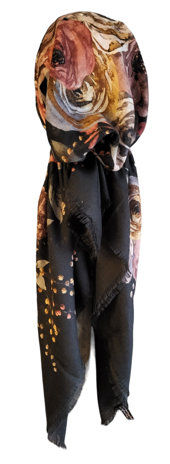 Black/tan big floral  - soft fringes pretied tichel