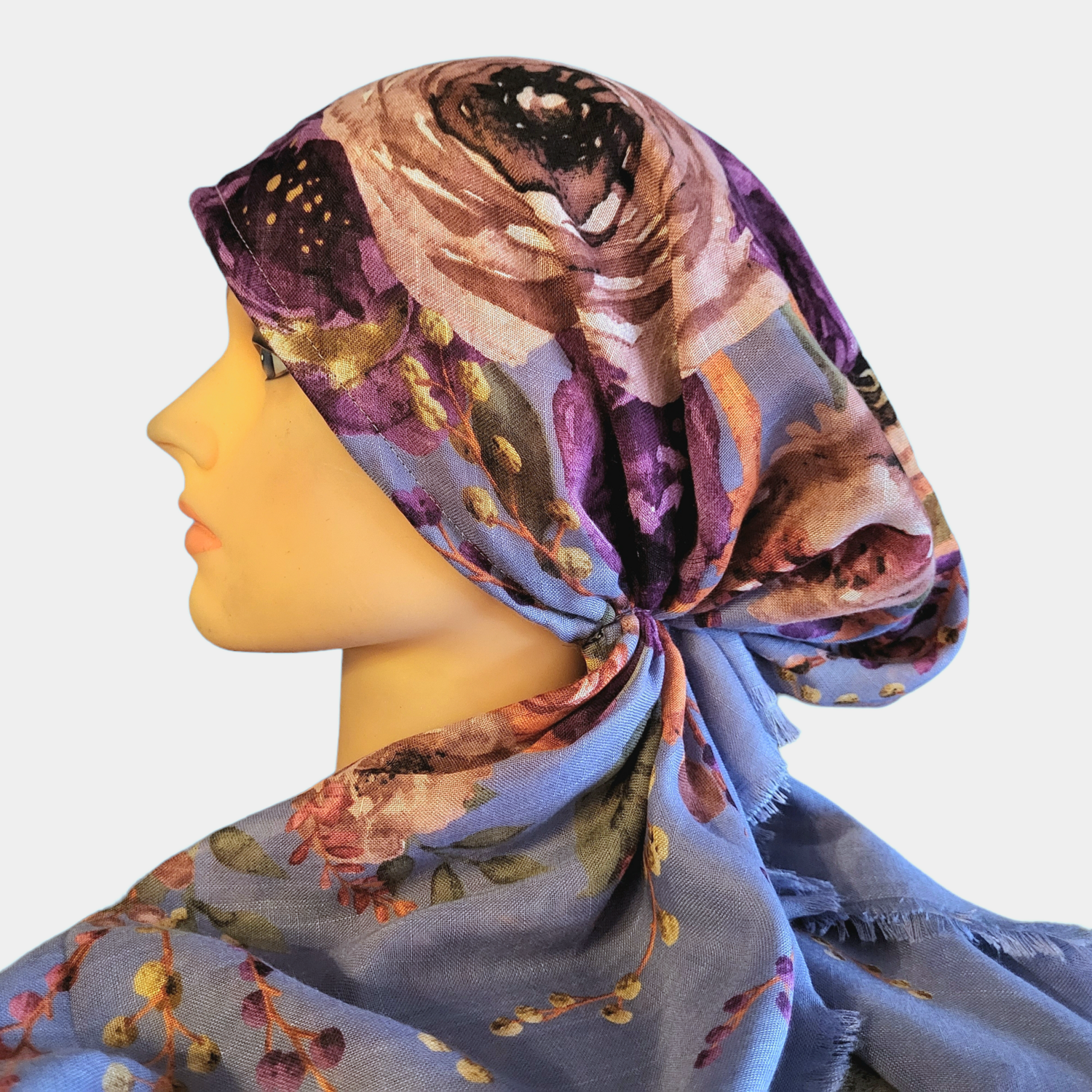 Denim color big floral  - soft fringes pretied tichel