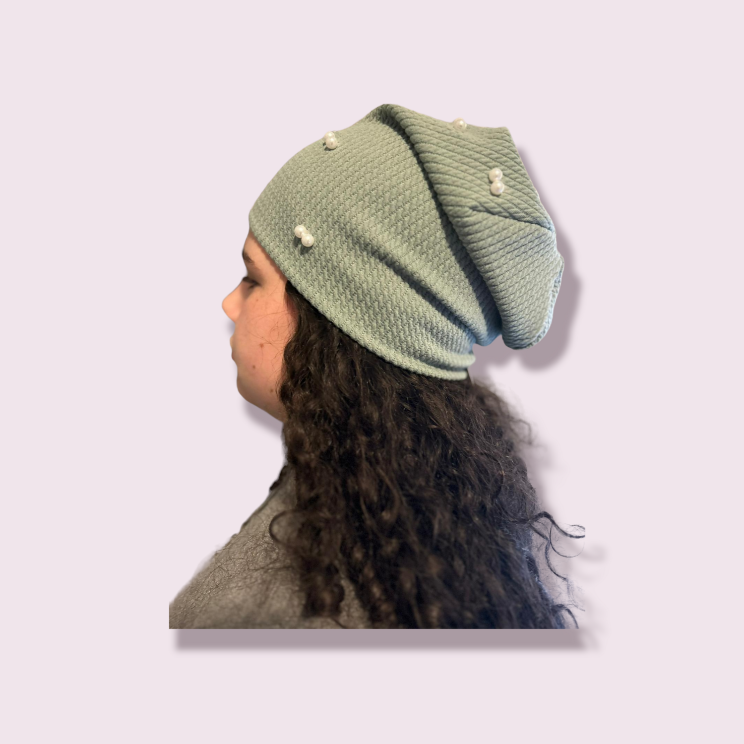 Sage pearled fine cable ribbed beanie