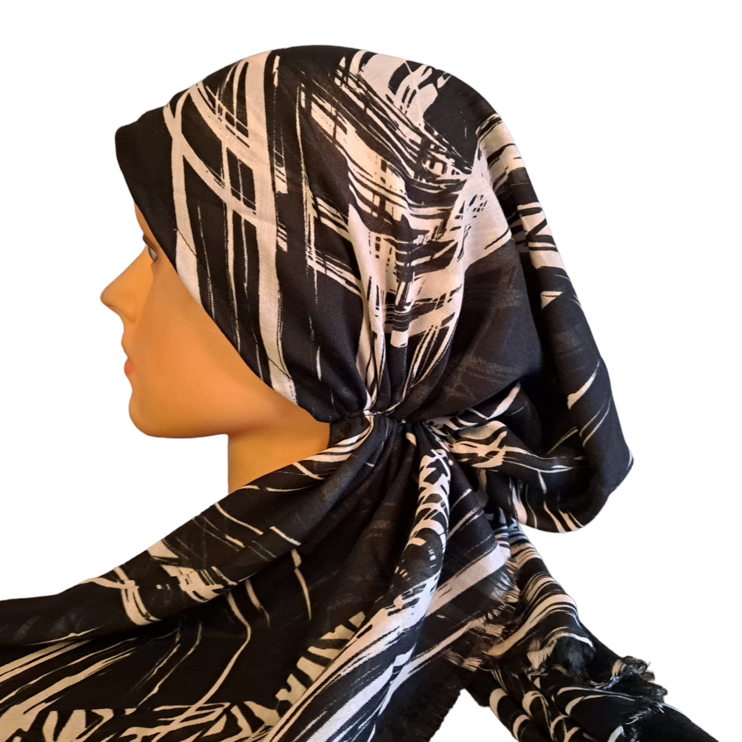 Black/white pattern - Turkish soft fringed pretied tichel 