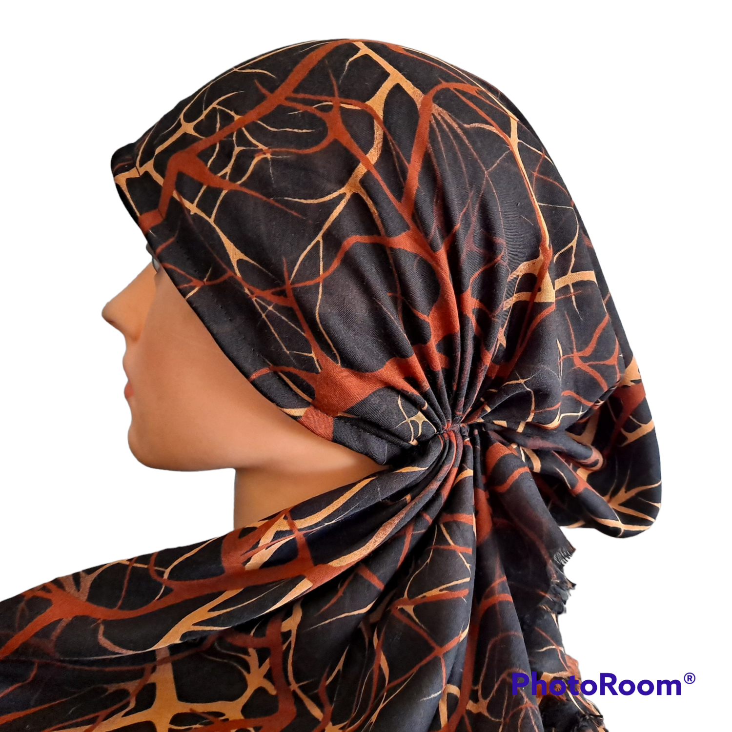 Black/orange lightning strikes - Turkish soft fringed pretied tichel 