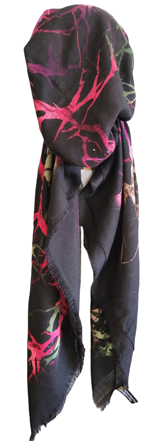 Black/hot pink n' more branches pattern  - soft fringes pretied tichel