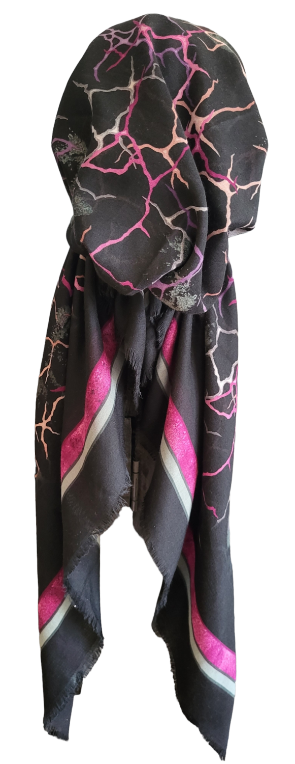 Black/magenta lightning  - soft fringes pretied tichel