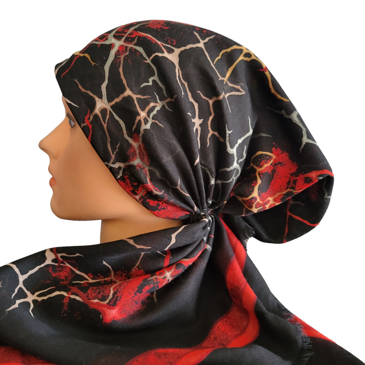 Black/red lightning  - soft fringes pretied tichel