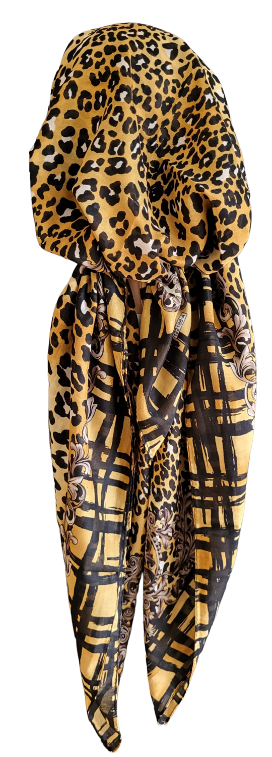 Mustard leopard Turkish Tichel w/band sewn in