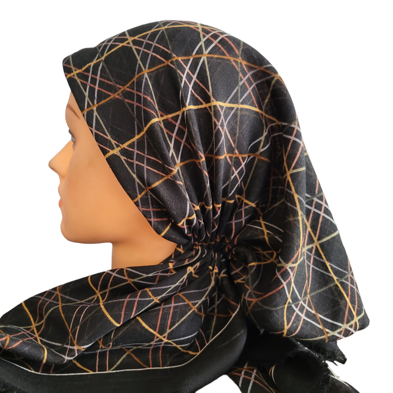 Black criss cross lines - soft fringes pretied tichel
