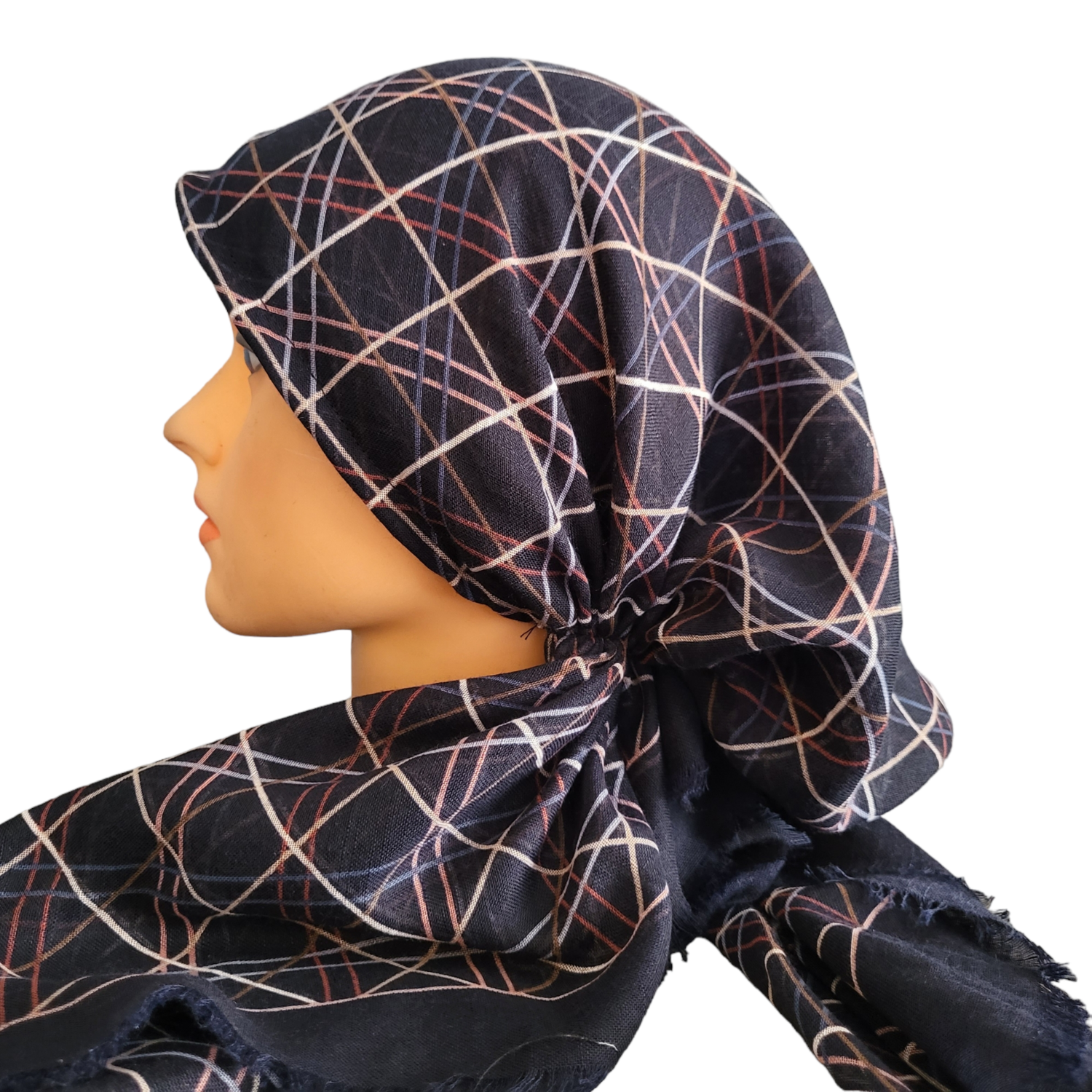 Navy criss cross lines - soft fringes pretied tichel