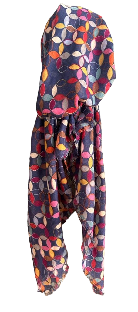 Dark denim patterned loops - soft fringes pretied tichel