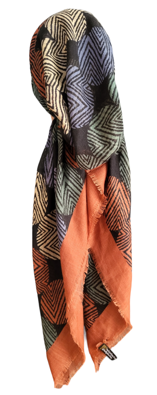 Rust/multi abstract lines - soft fringes pretied tichel