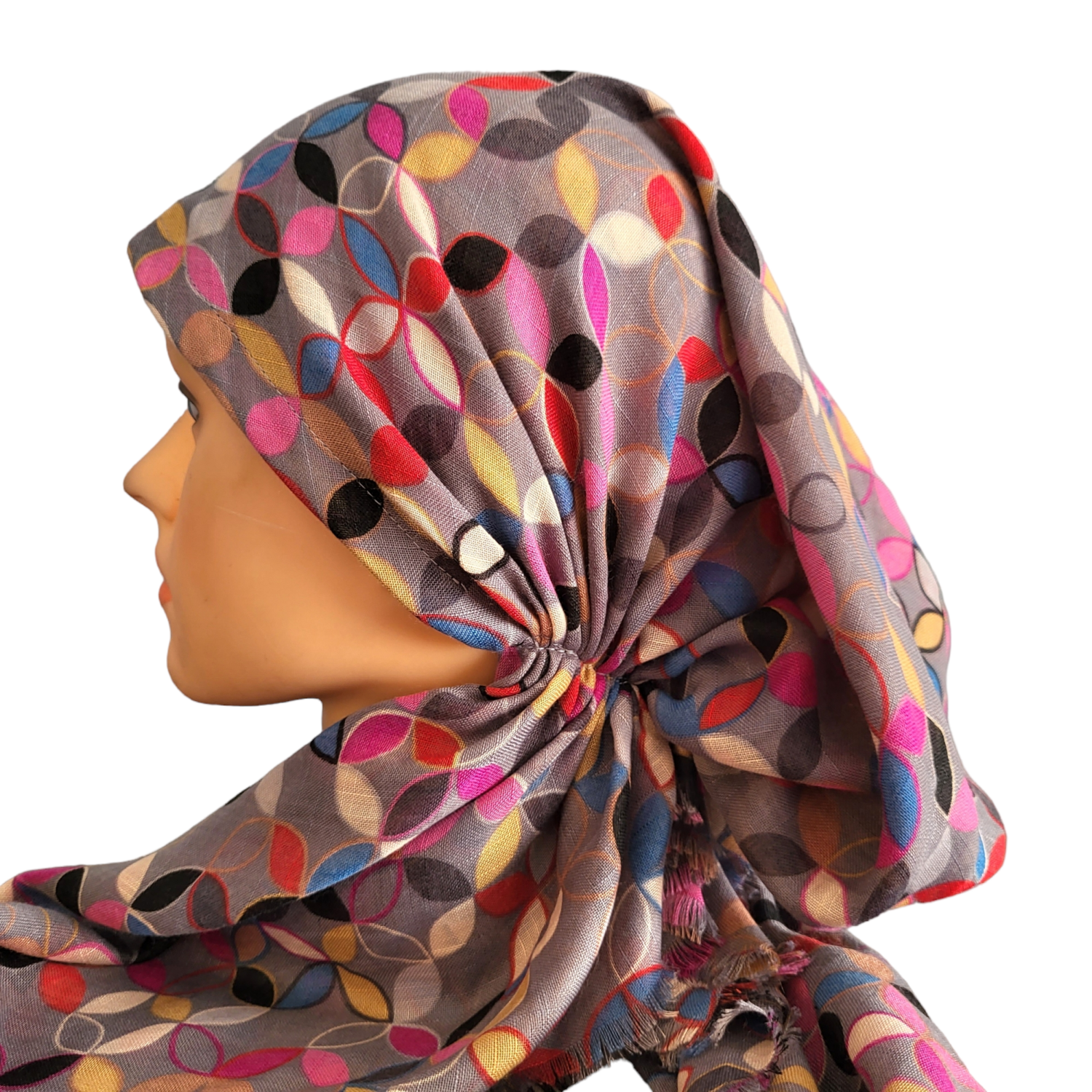 Dark gray patterned loops - soft fringes pretied tichel