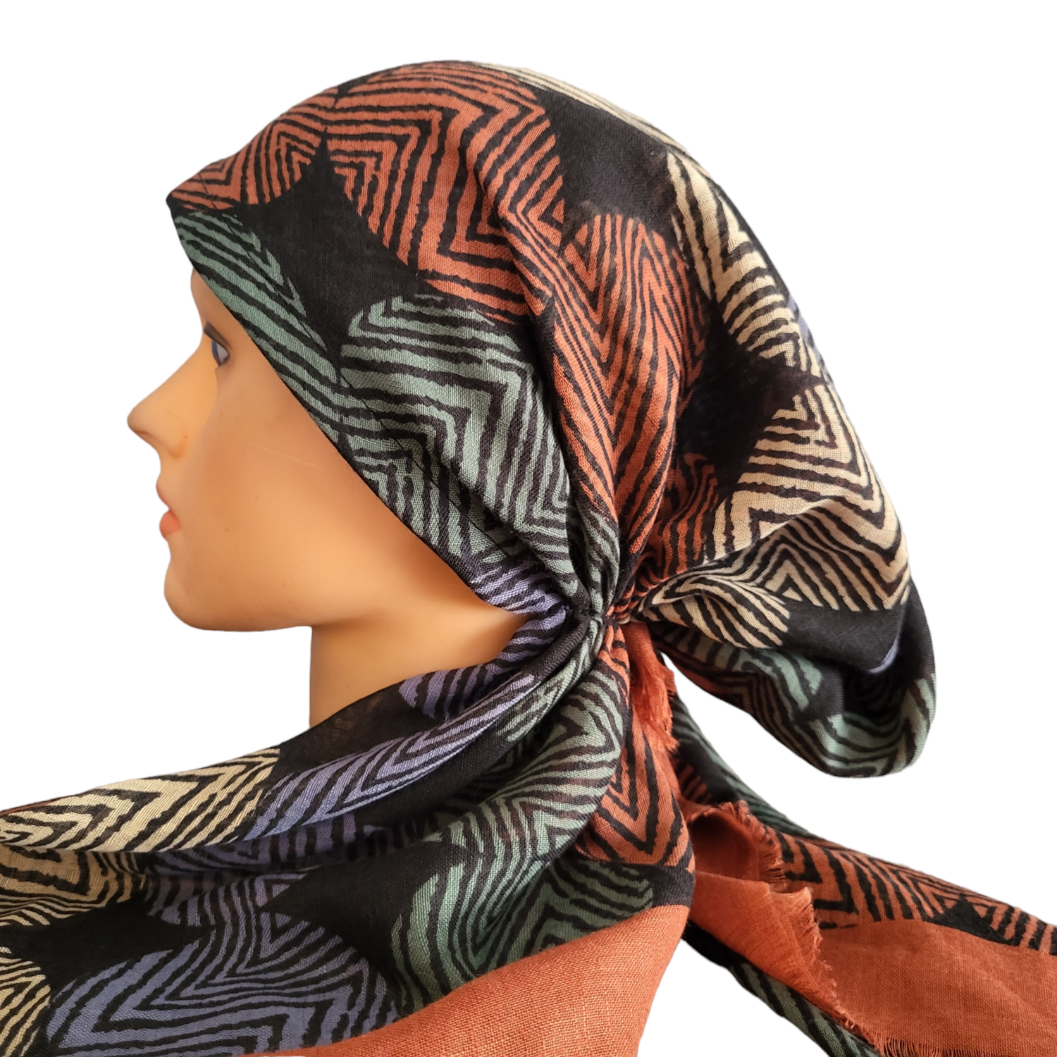 Rust/multi abstract lines - soft fringes pretied tichel