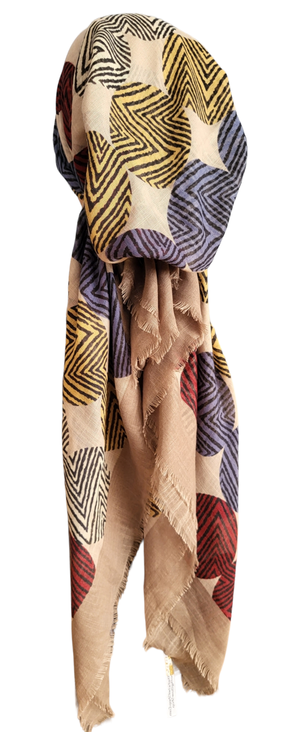 Beige/blue abstract lines - soft fringes pretied tichel