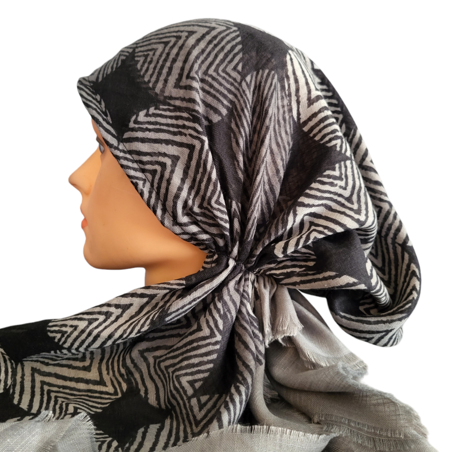 Gray/black abstract lines - soft fringes pretied tichel
