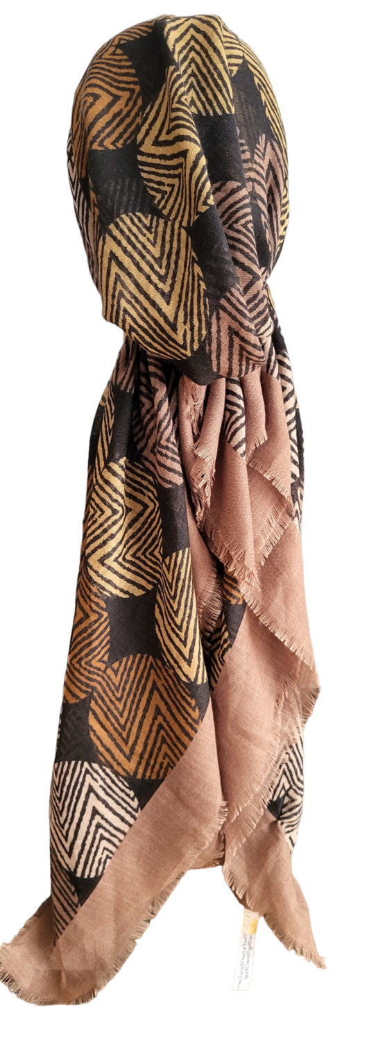 Tan abstract lines - soft fringes pretied tichel