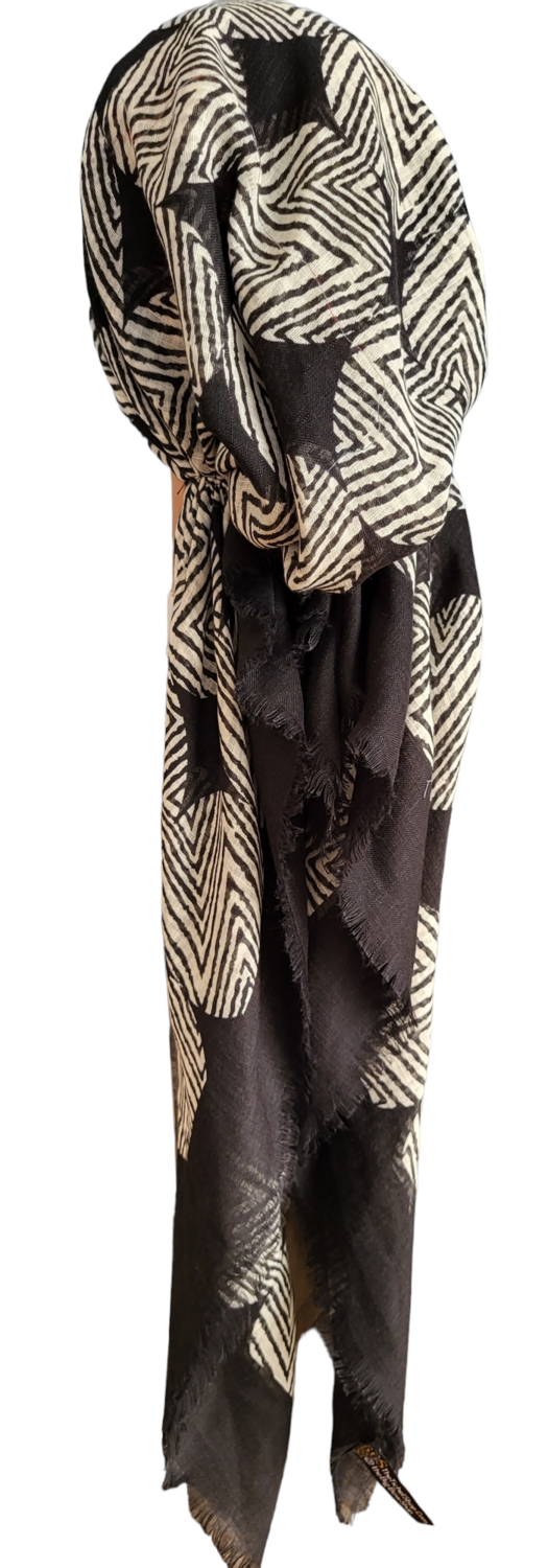 Black/white abstract lines - soft fringes pretied tichel