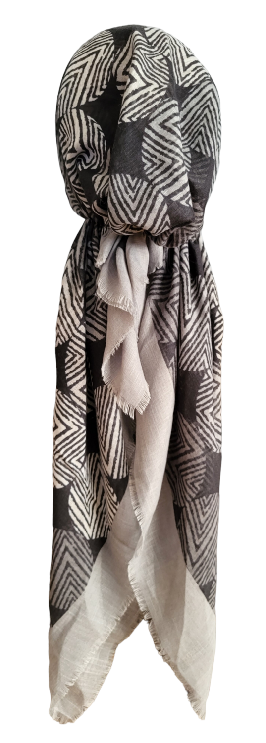 Gray/black abstract lines - soft fringes pretied tichel