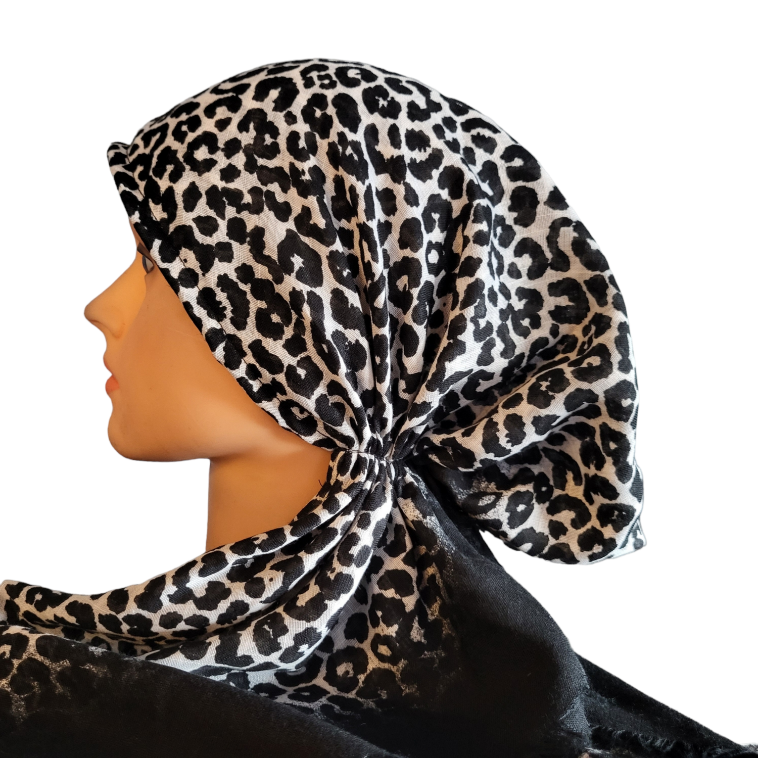 Black/white leopard - soft fringes pretied tichel