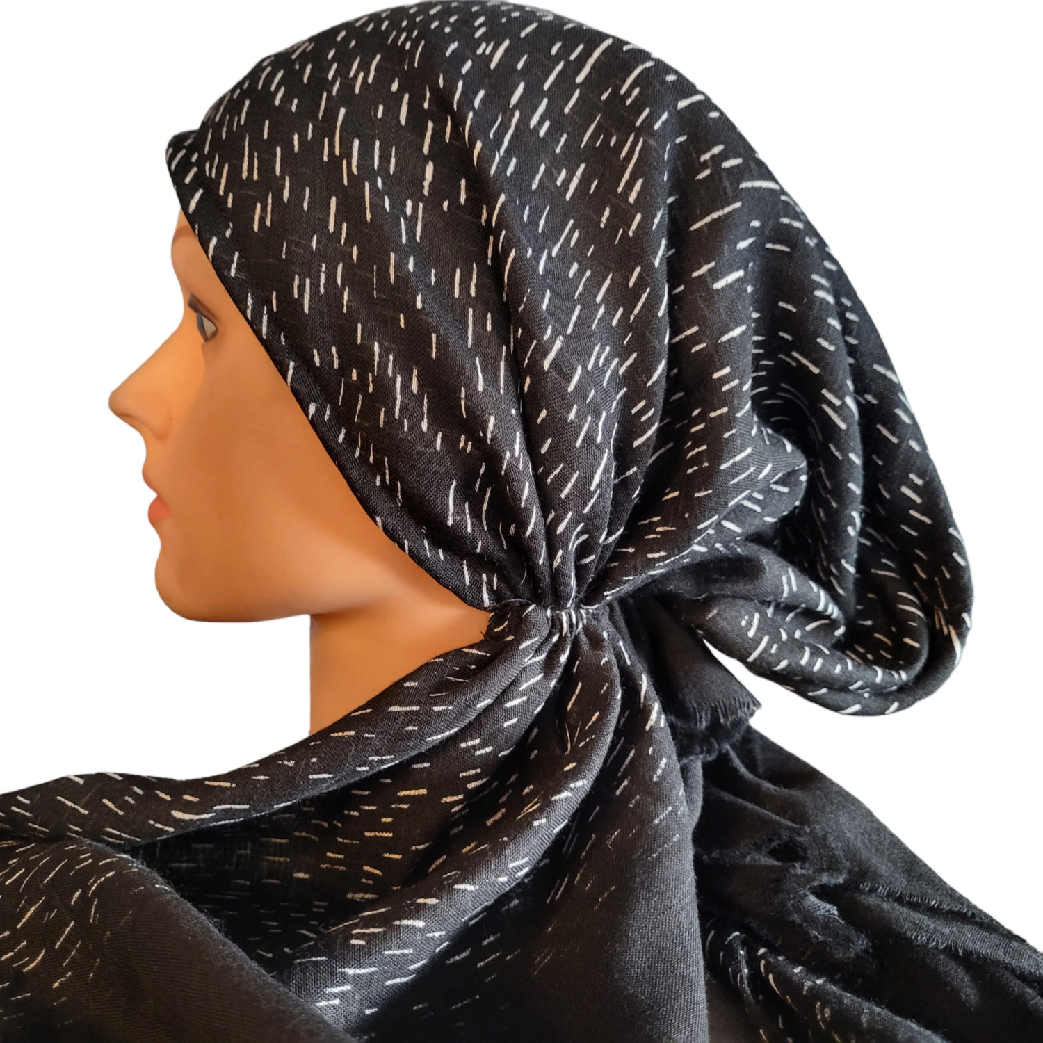 Black/white dotted - soft fringes pretied tichel