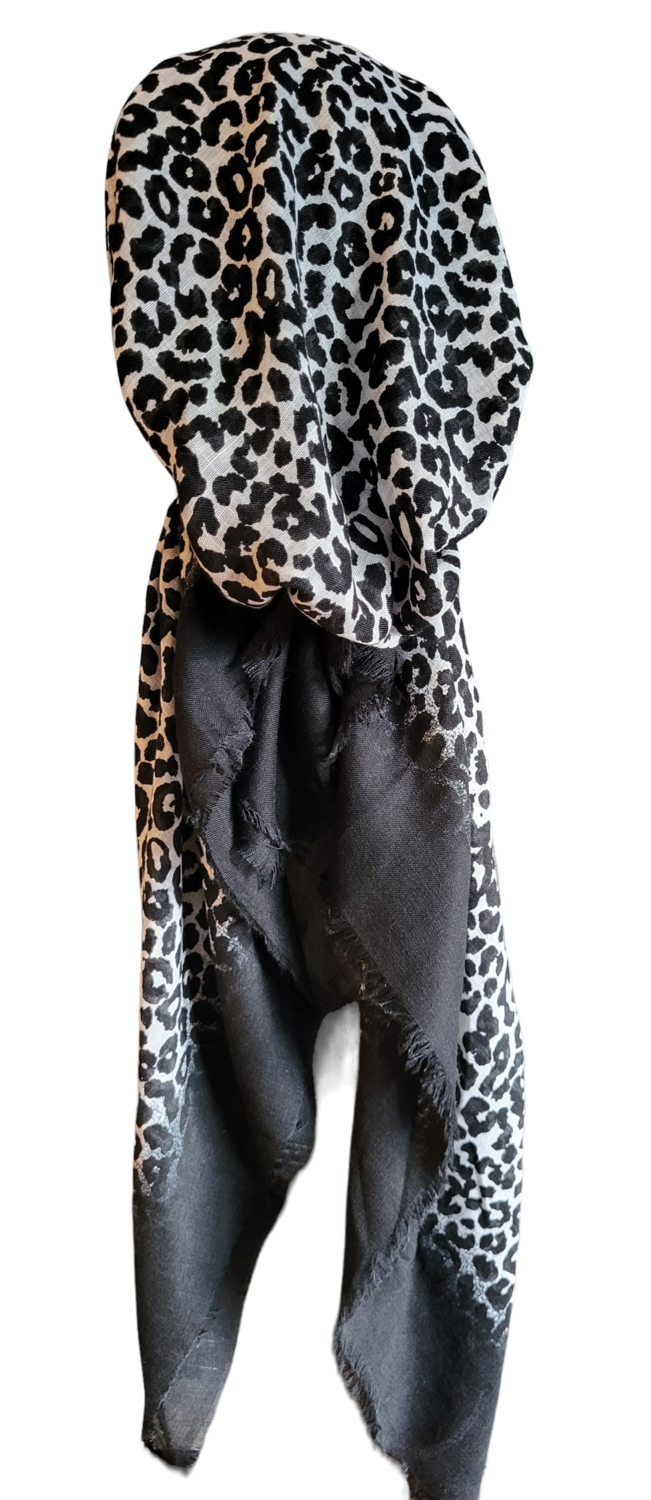 Black/white leopard - soft fringes pretied tichel