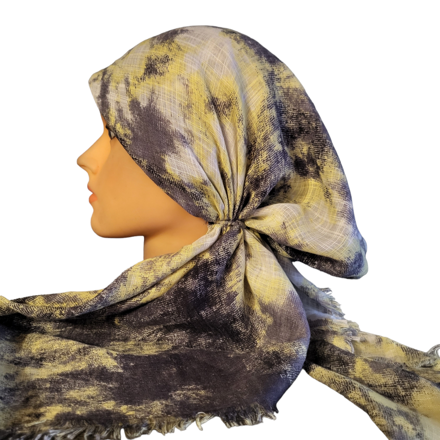 Denim w/yellow tie dyed - soft fringes pretied tichel