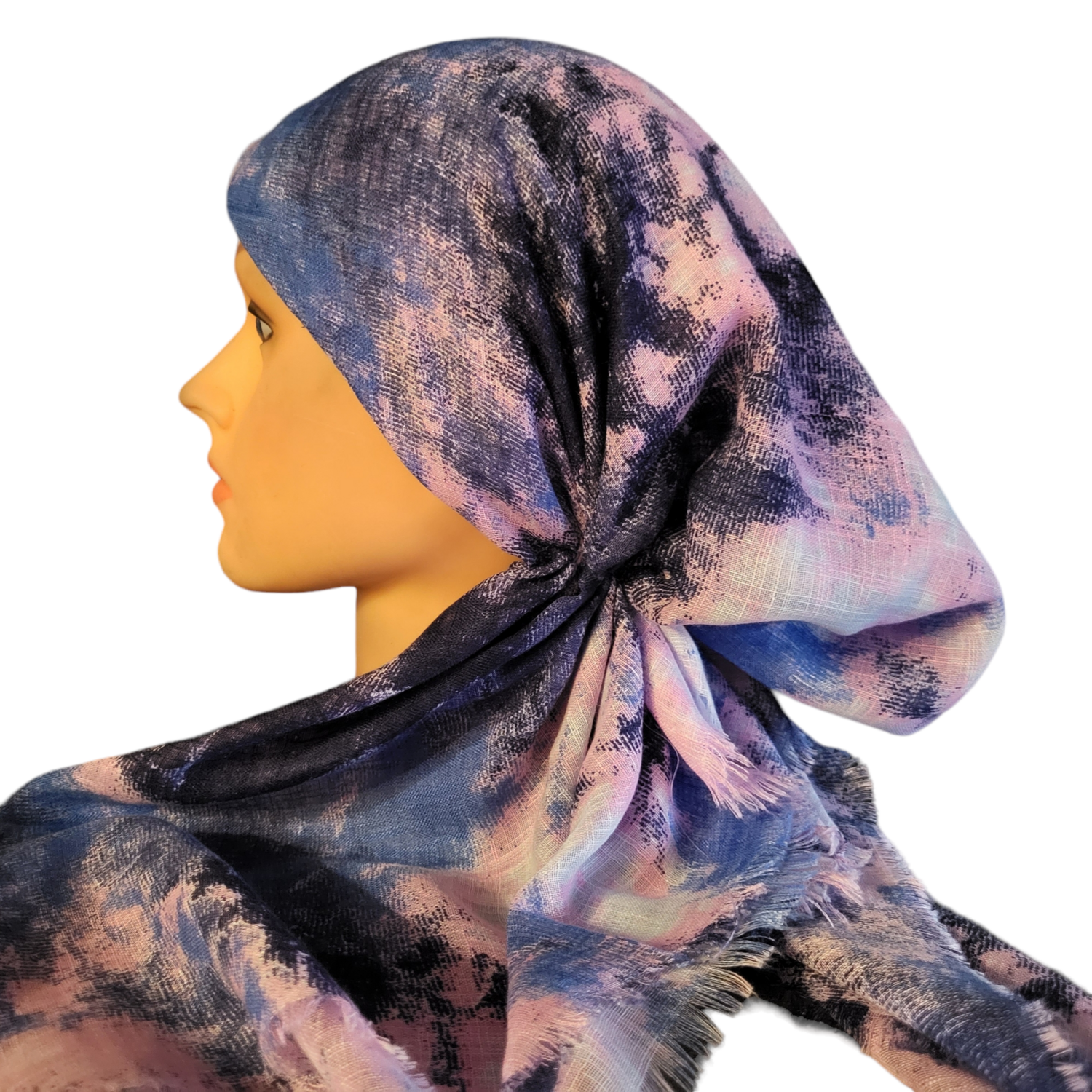 Blue/pink tie dyed - soft fringes pretied tichel