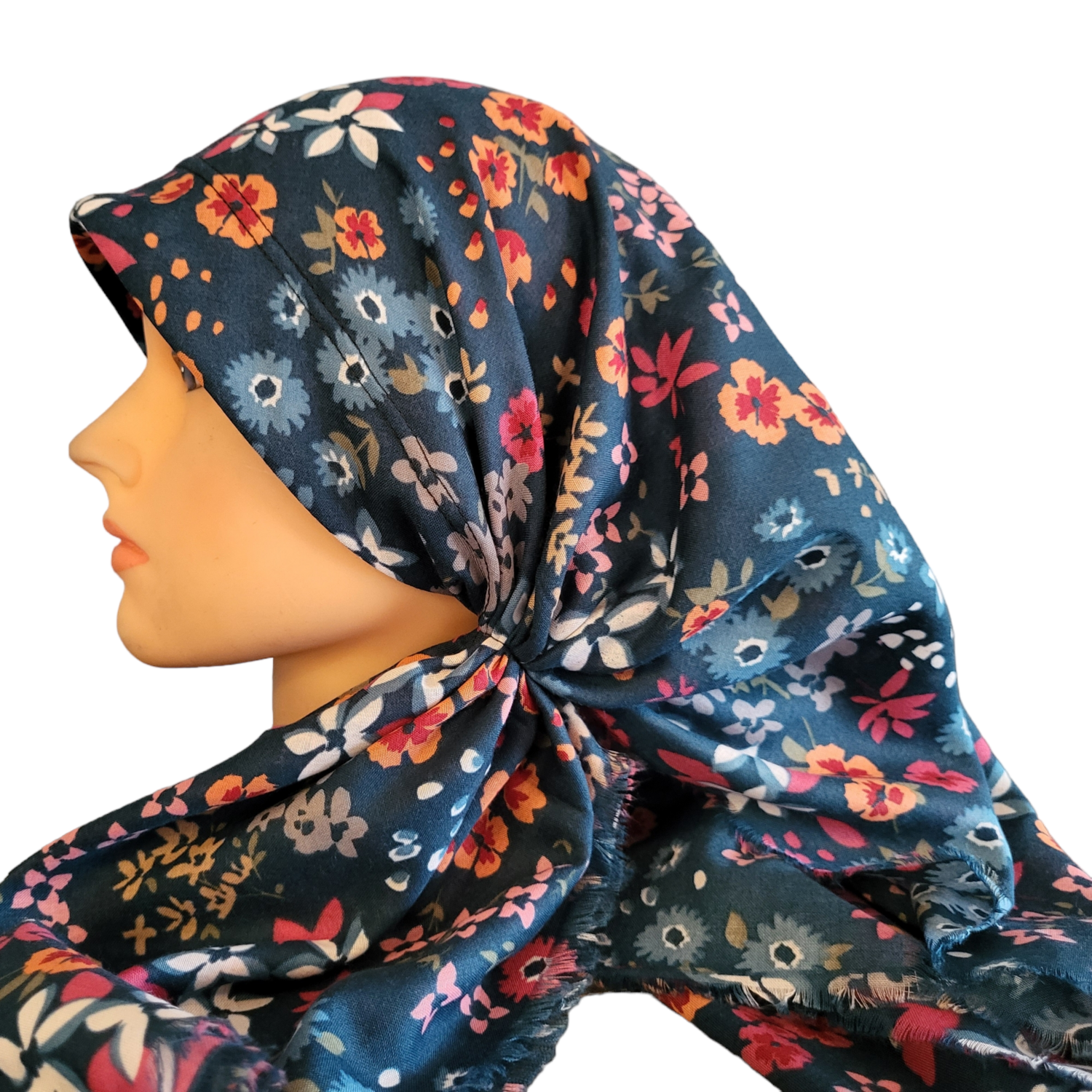 Teal floral long back pre-tied kerchief w/band sewn in  -  soft fringed edges material
