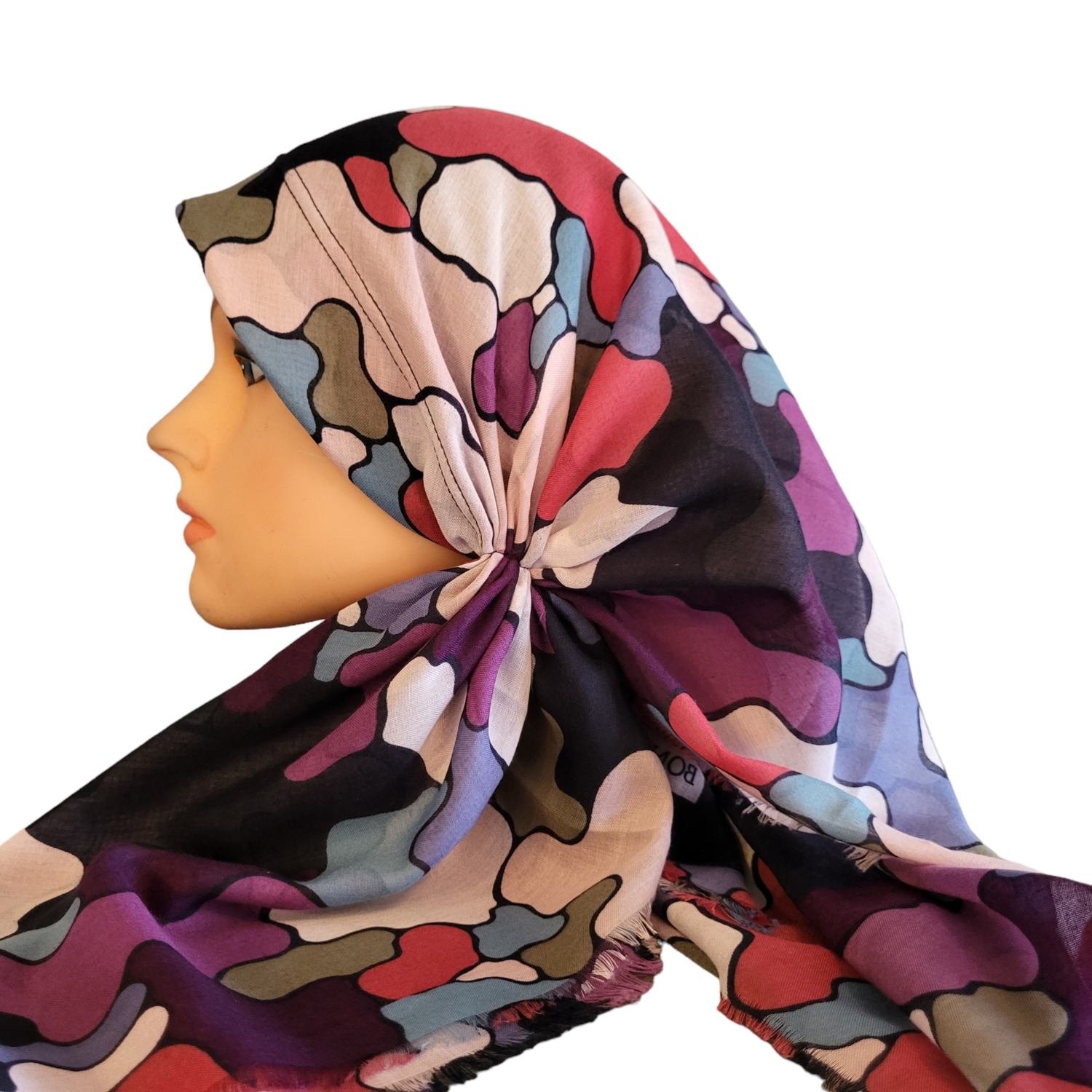 Colorful long back pre-tied kerchief w/band sewn in  -  thin fringed edges material