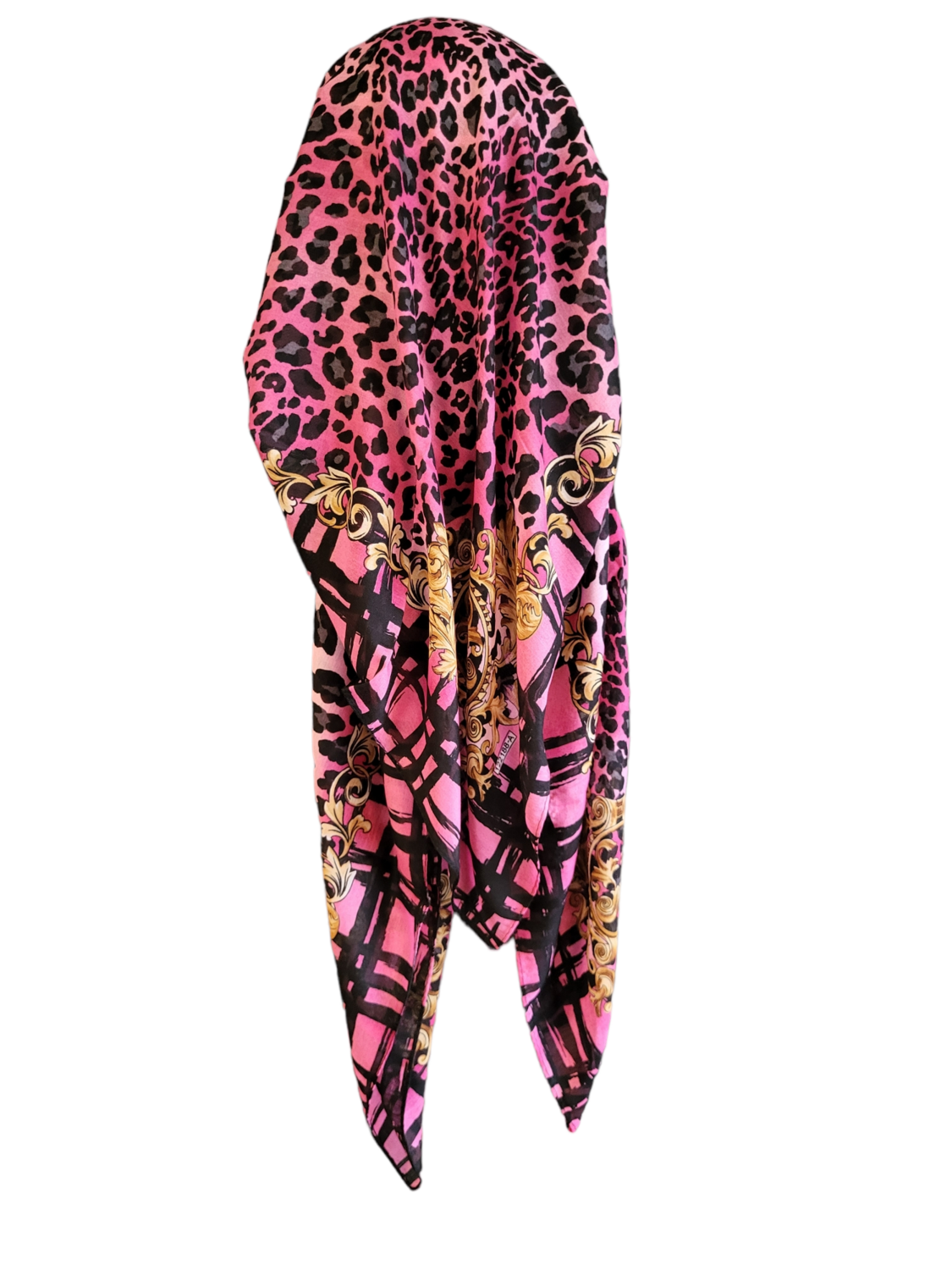 Hot pink leopard long back pre-tied kerchief w/band sewn in  - Turkish thin material
