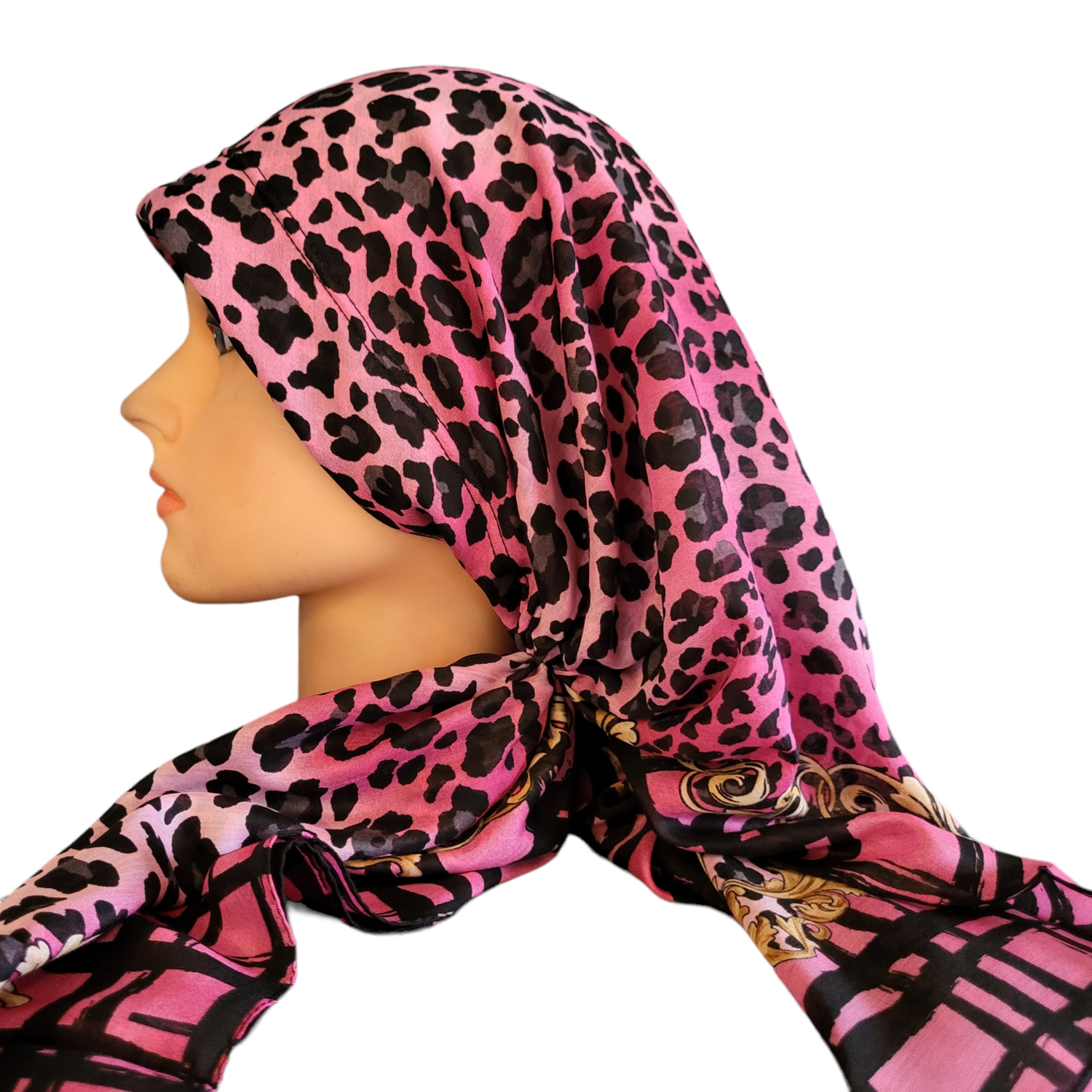 Hot pink leopard long back pre-tied kerchief w/band sewn in  - Turkish thin material