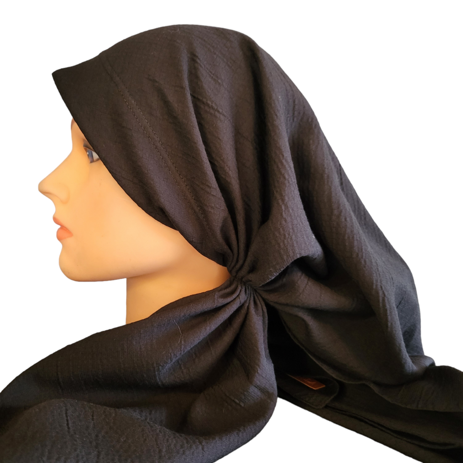 Solid black textured long back pre-tied kerchief w/band sewn in