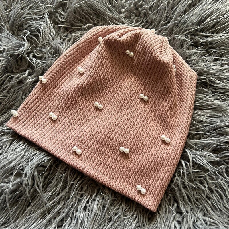 Blush - pearled fine cable ribbed beanie