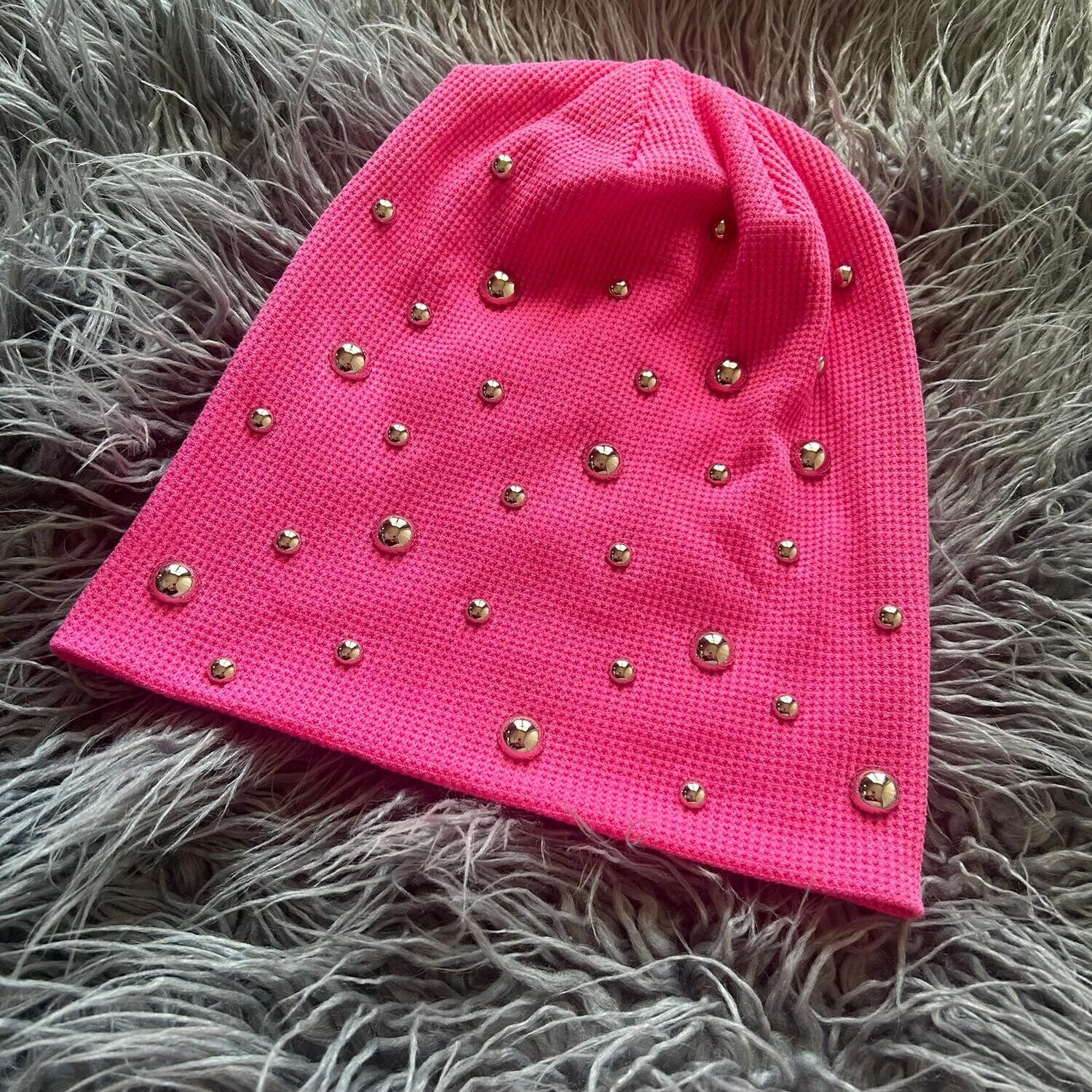 Hot pink bejeweled waffle cotton beanie