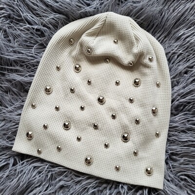 Stone white bejeweled waffle cotton beanie